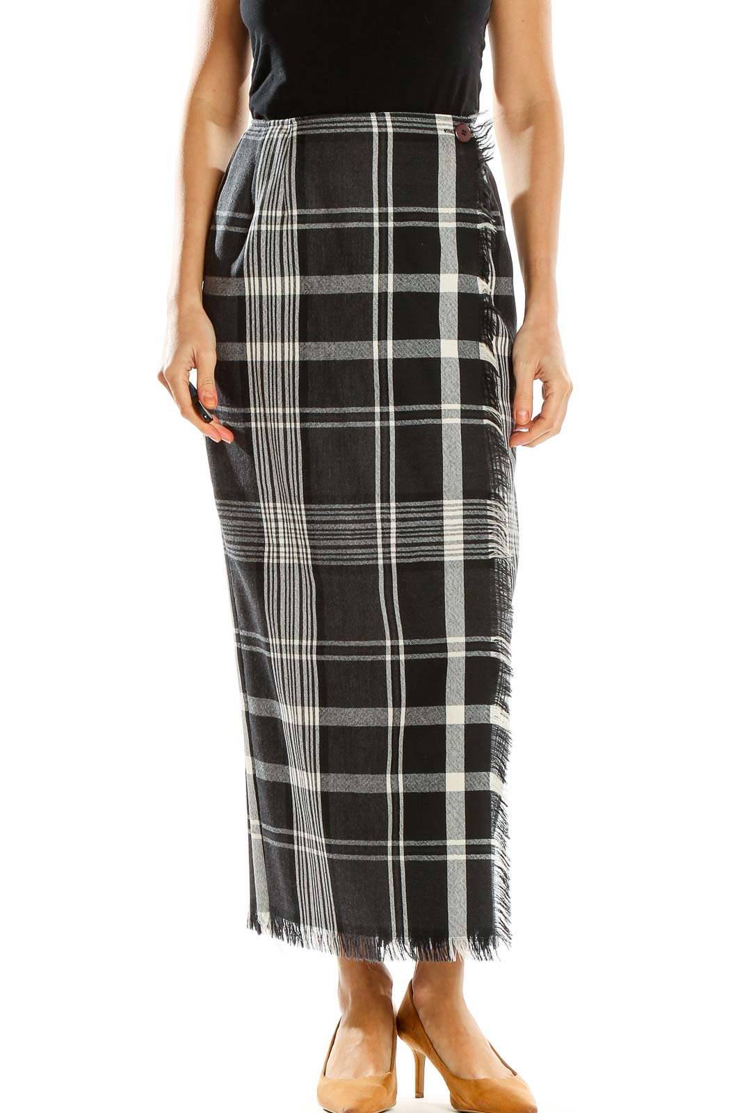 Gray Checkered Long Fringe Skirt Front