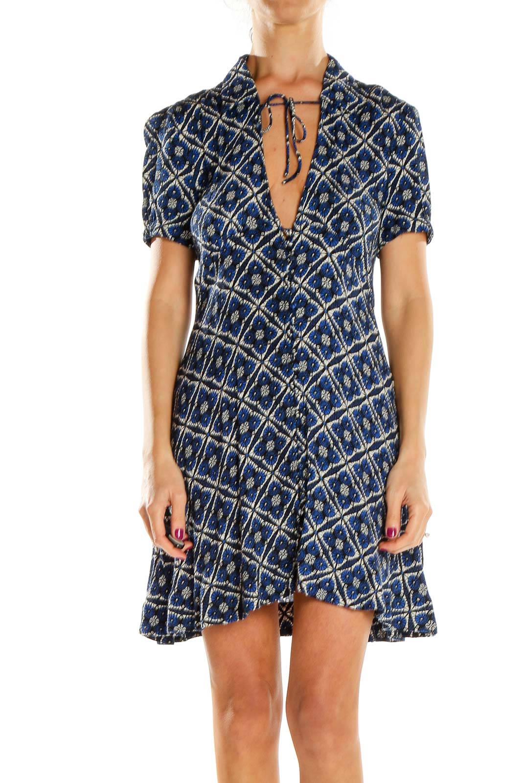 Blue Printed Fit & Flare Sun Dress Front