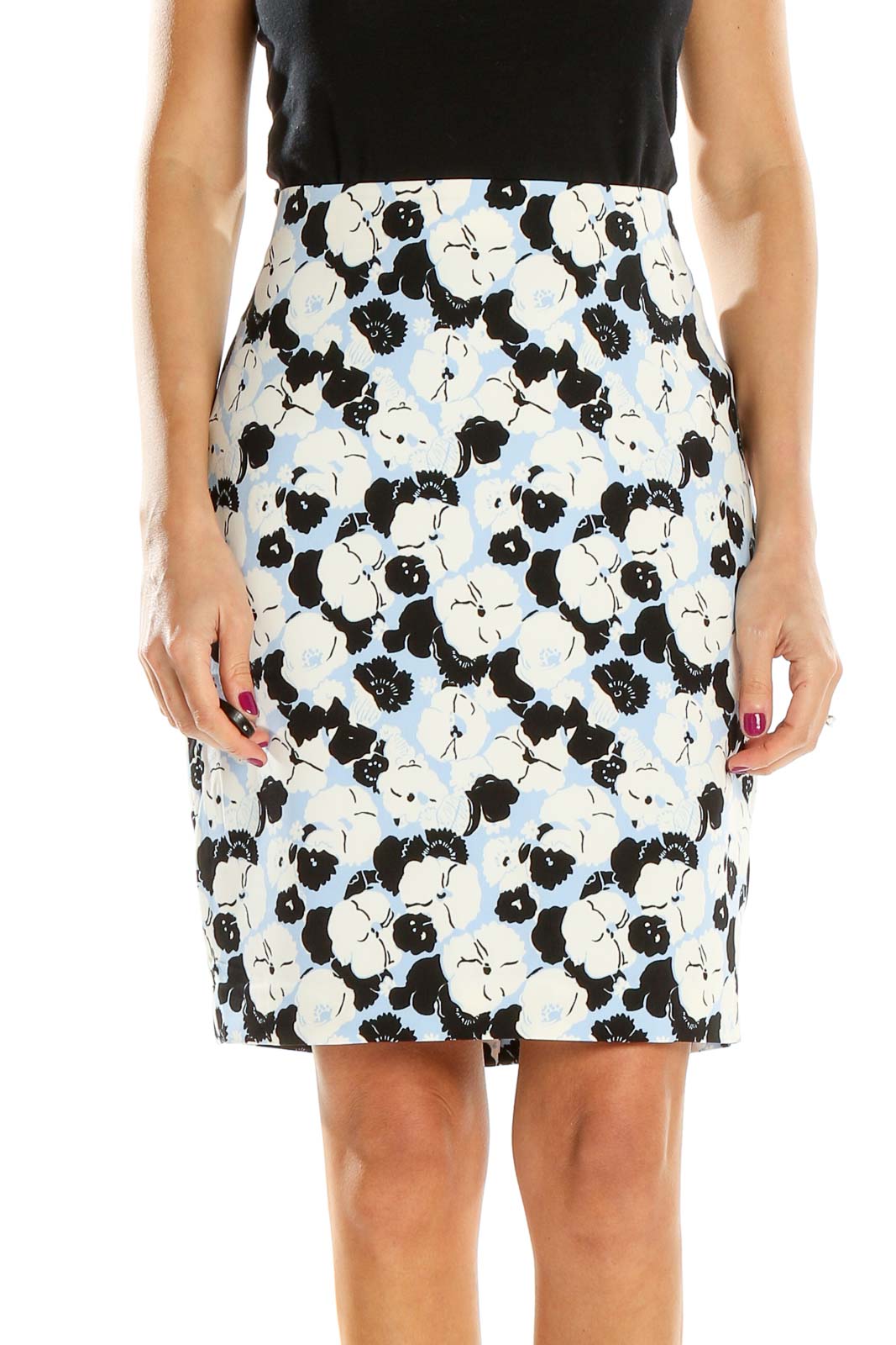 Blue White Printed Chic Pencil Skirt Front