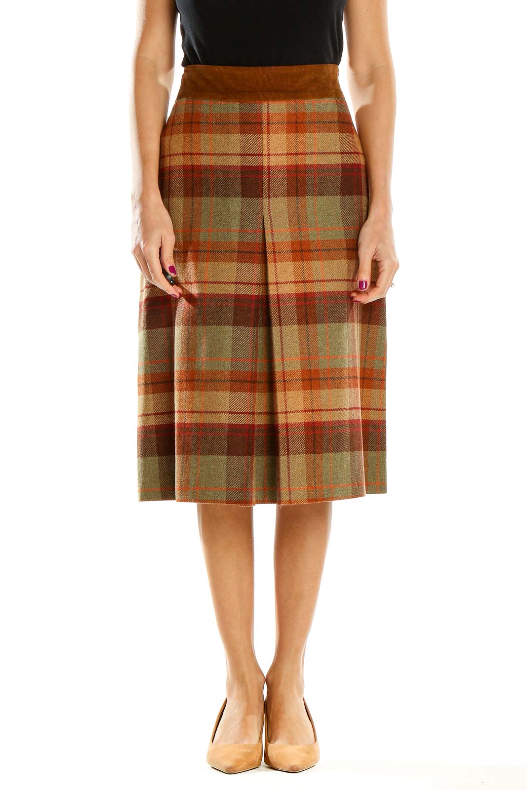 Brown Checkered Retro A-Line Skirt Front