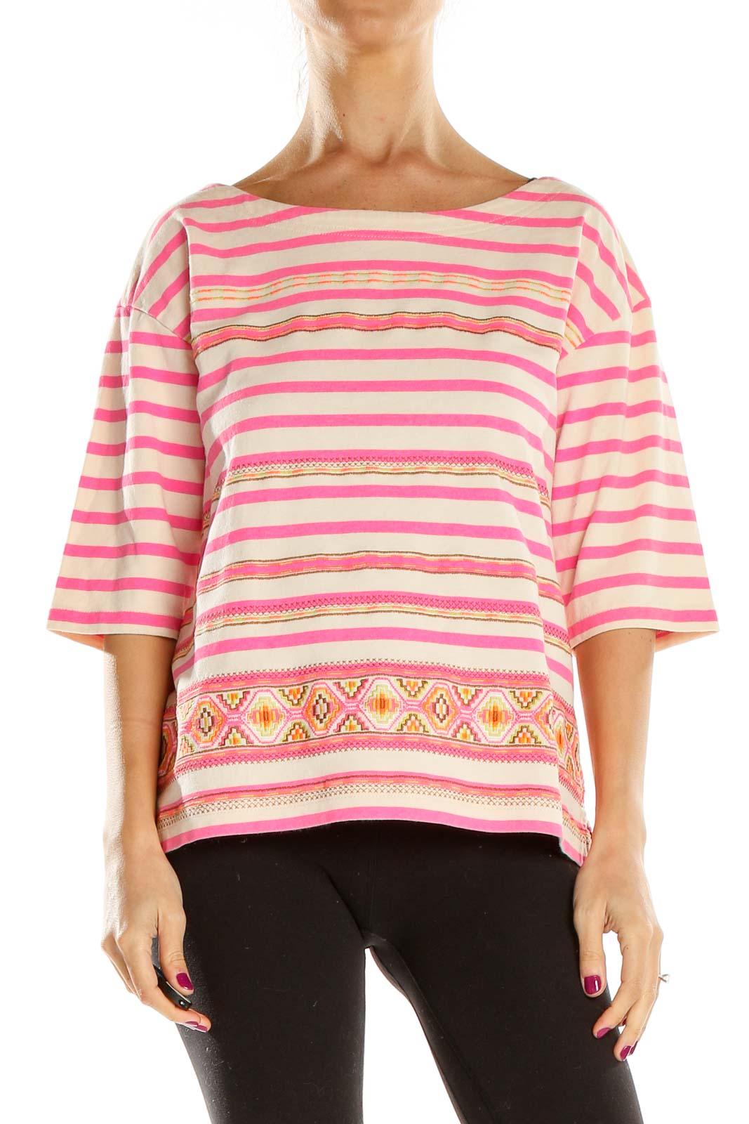 Pink Striped Embroidered Shirt Front