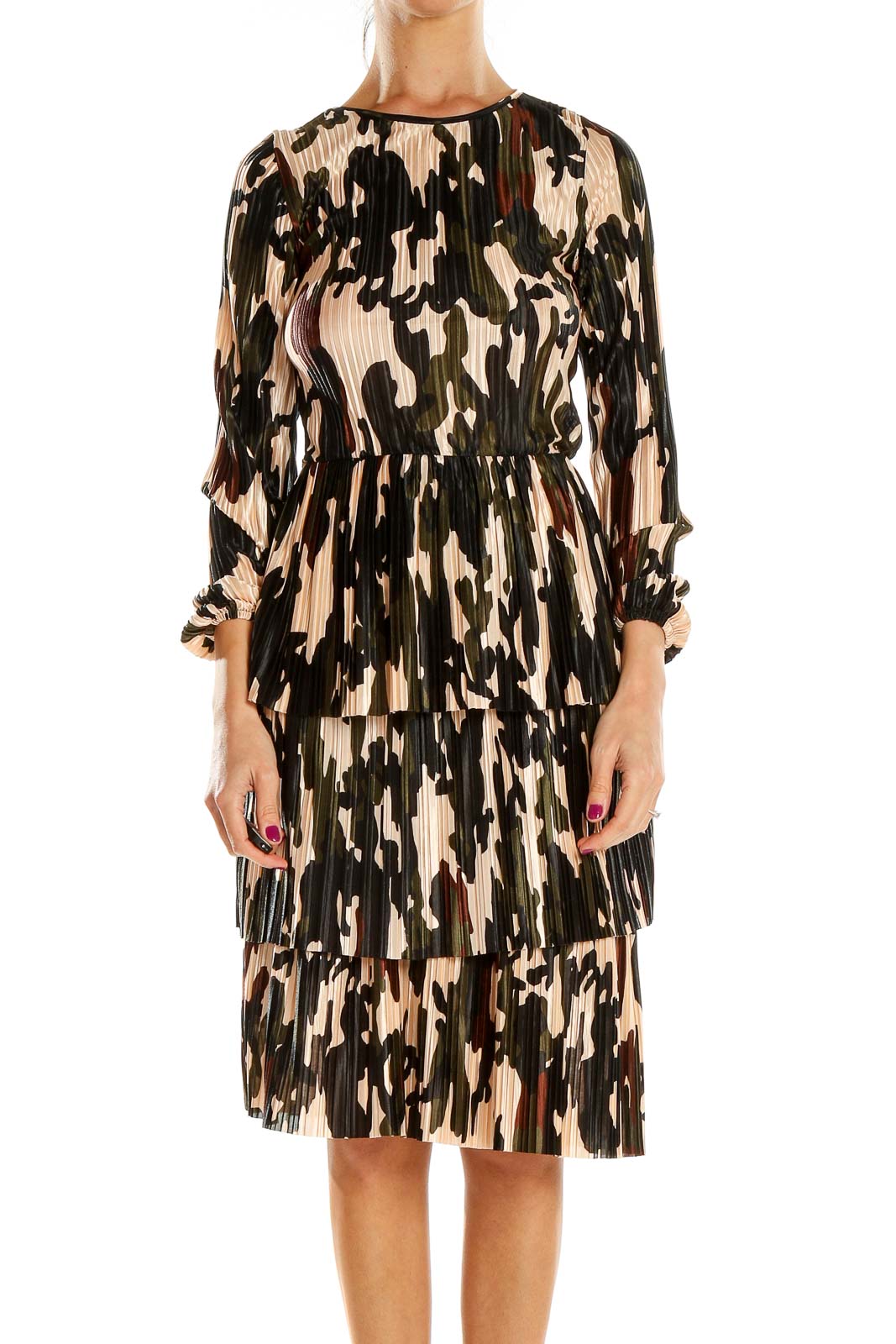 Brown Printed Textured Sheath Dress Front