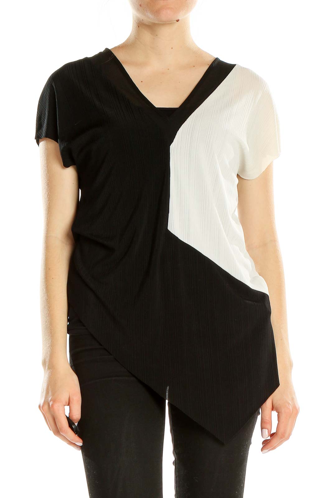 Black White Colorblock Chic Asymmetrical Blouse Front