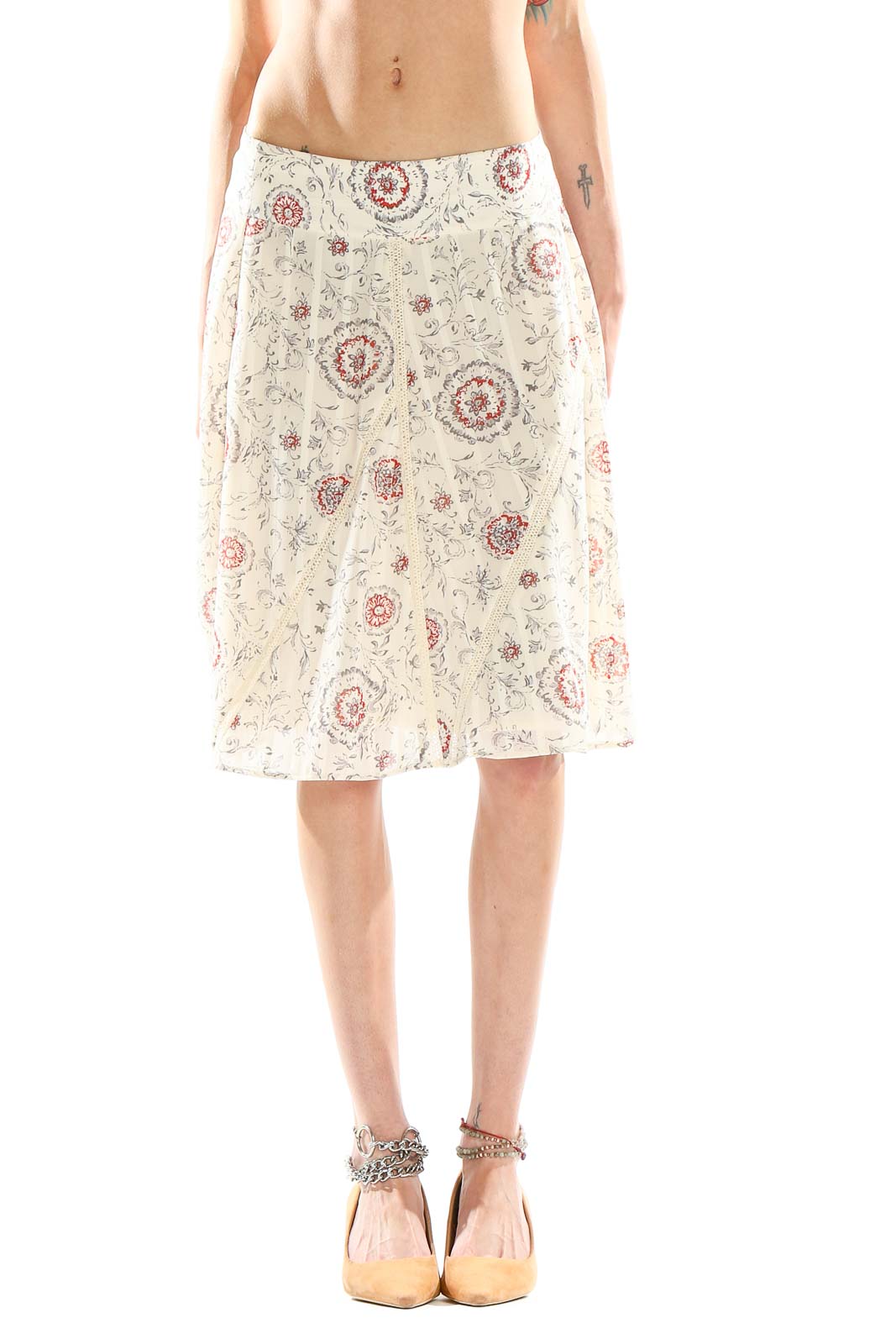 Cream Printed Flared Skirt Front