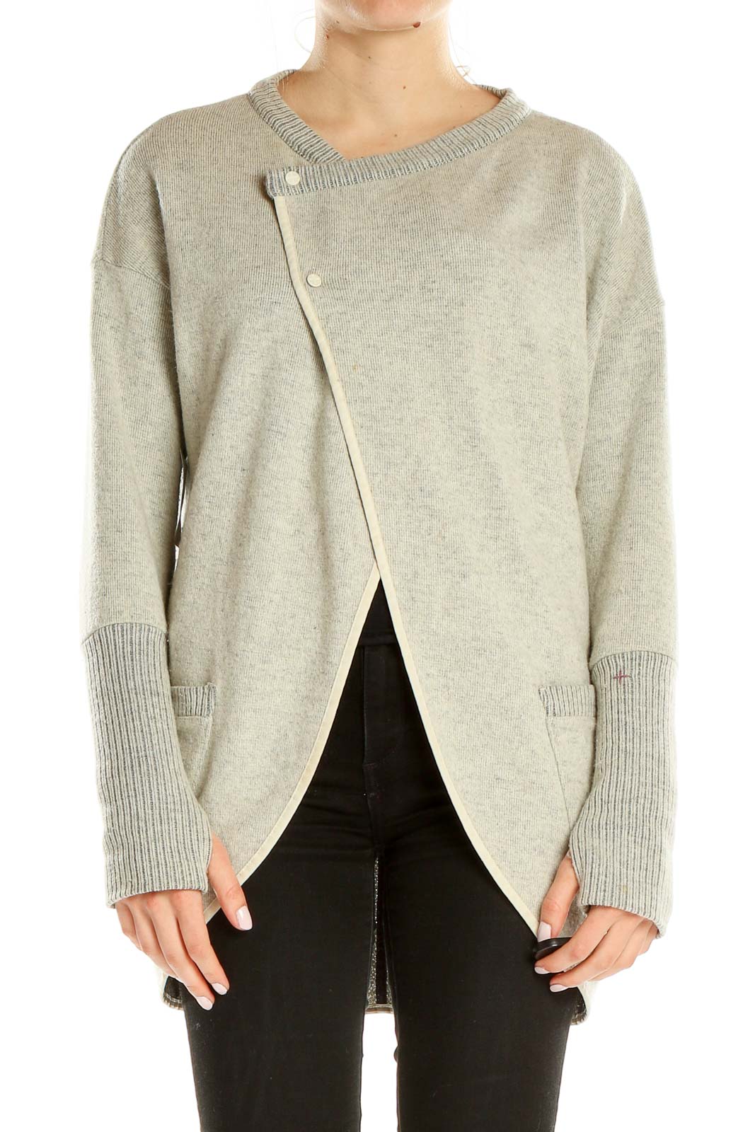 Gray Casual Snap Front Sweater Front