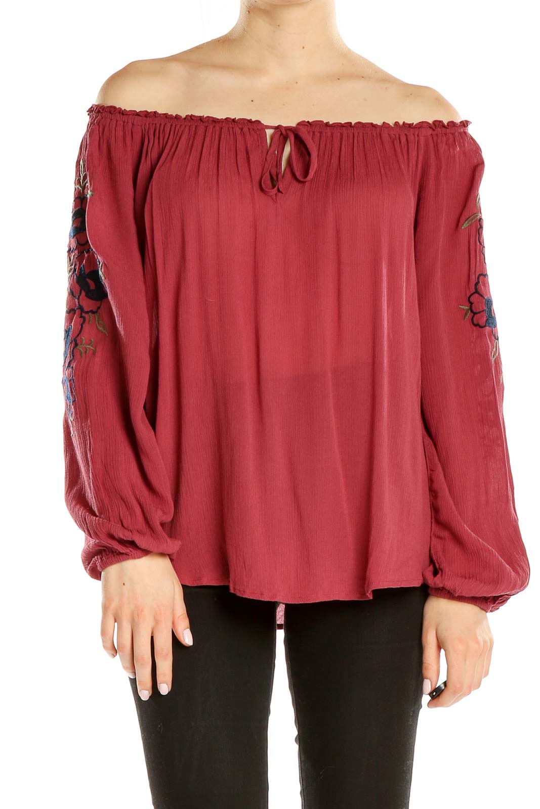 Pink Off The Shoulder Embroidered Sleeve Blouse Front