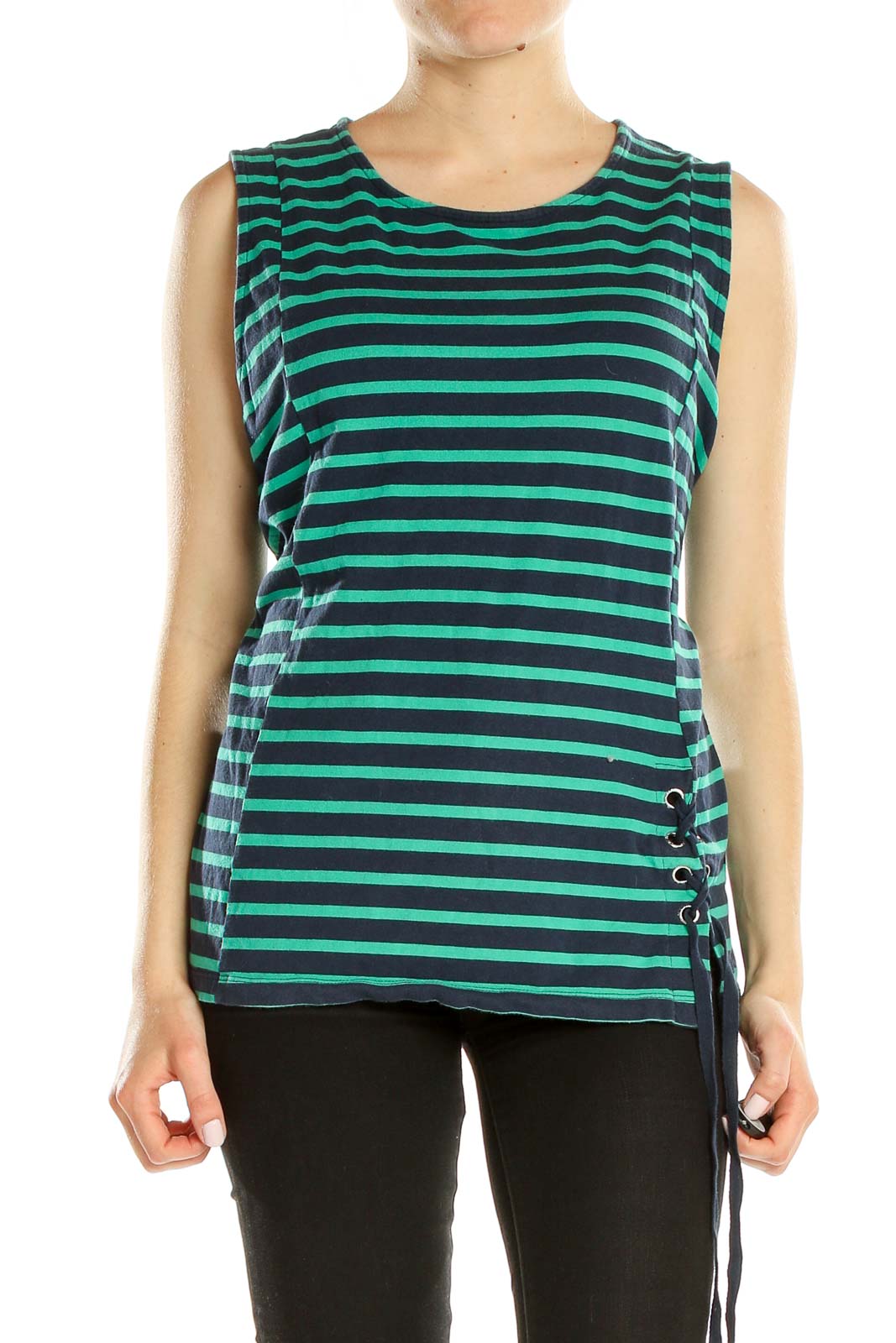 Blue Green Striped Casual Top Front