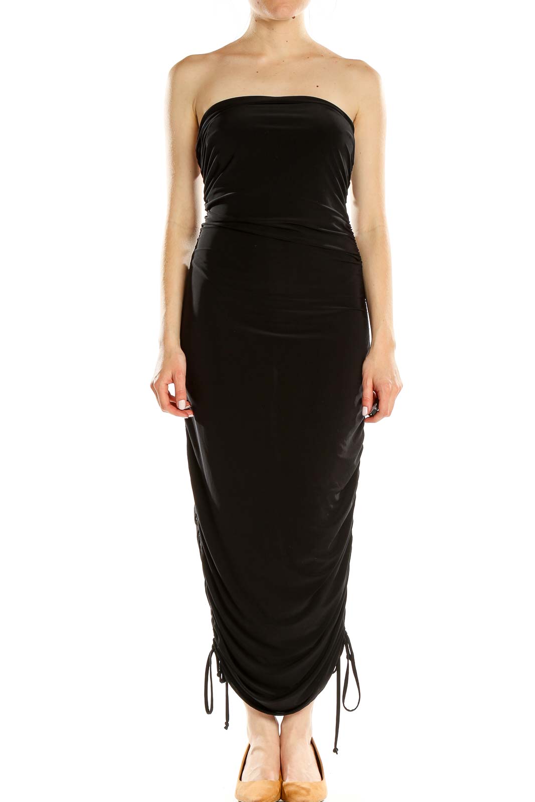 Black Strapless Ruched Column Dress Front