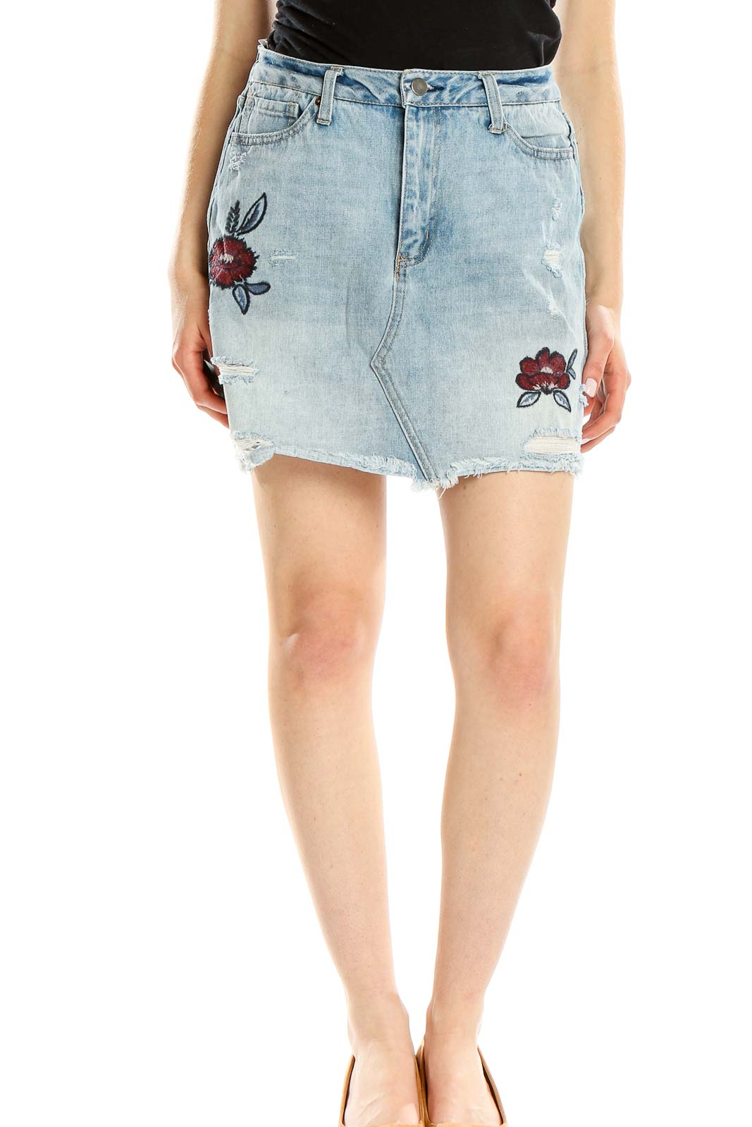 Blue Denim Embroidered Mini Skirt Front