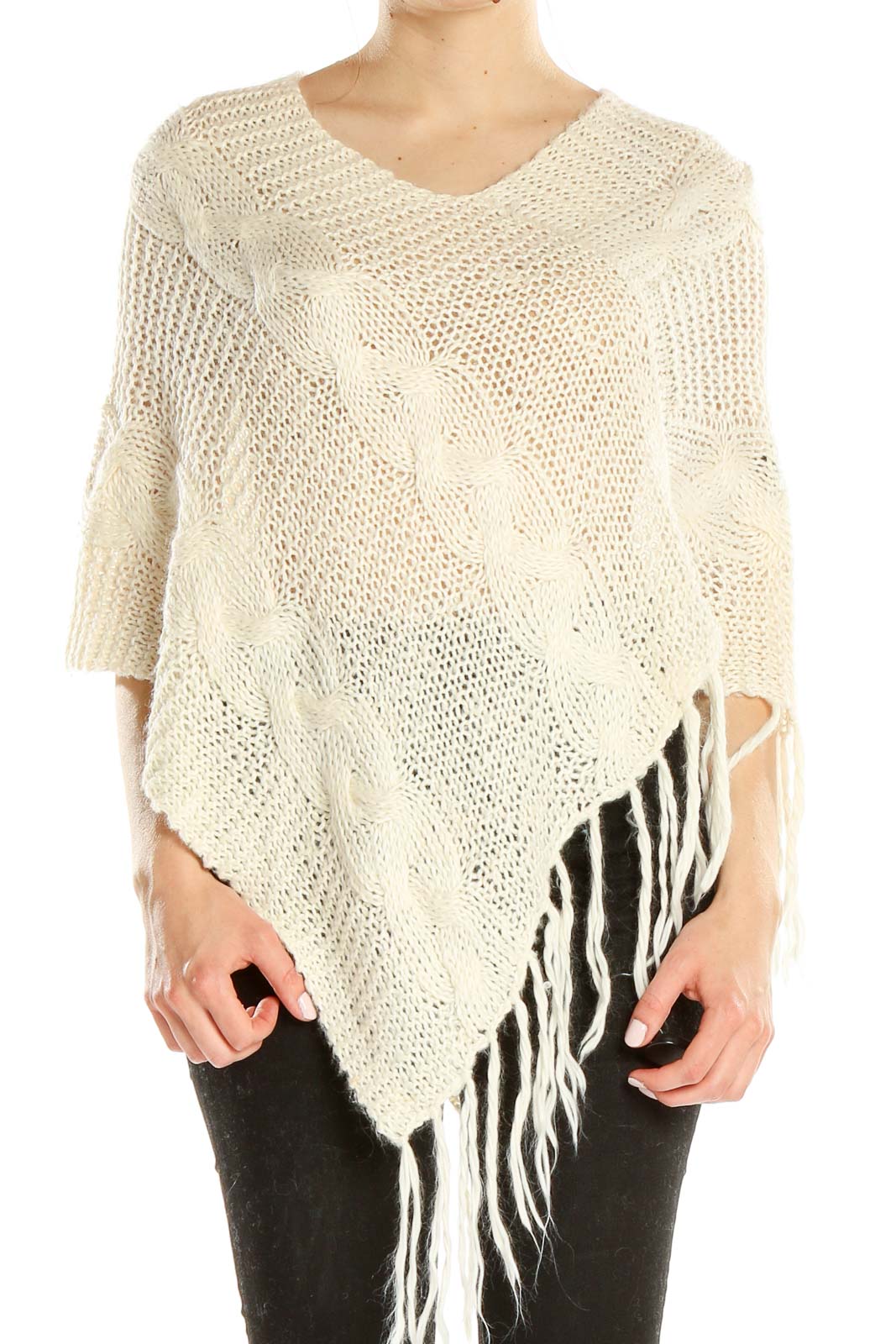White Cable-Knit Poncho Sweater Front