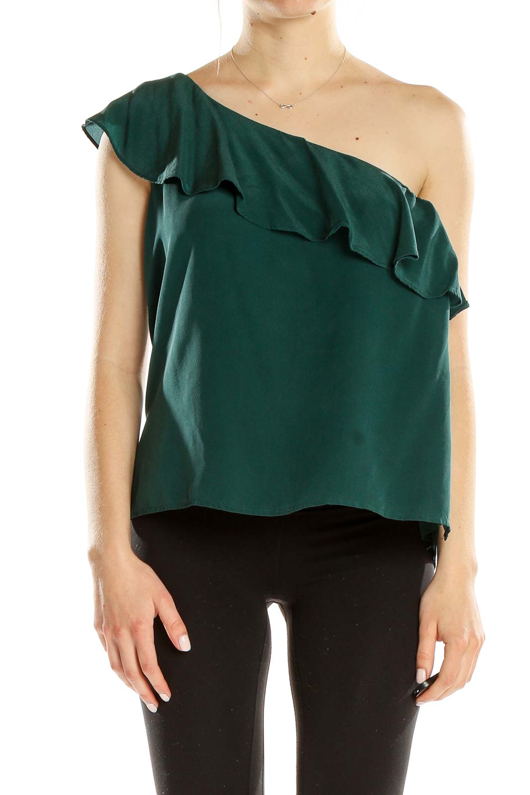 Green One Shoulder Ruffle Silk Blouse Front