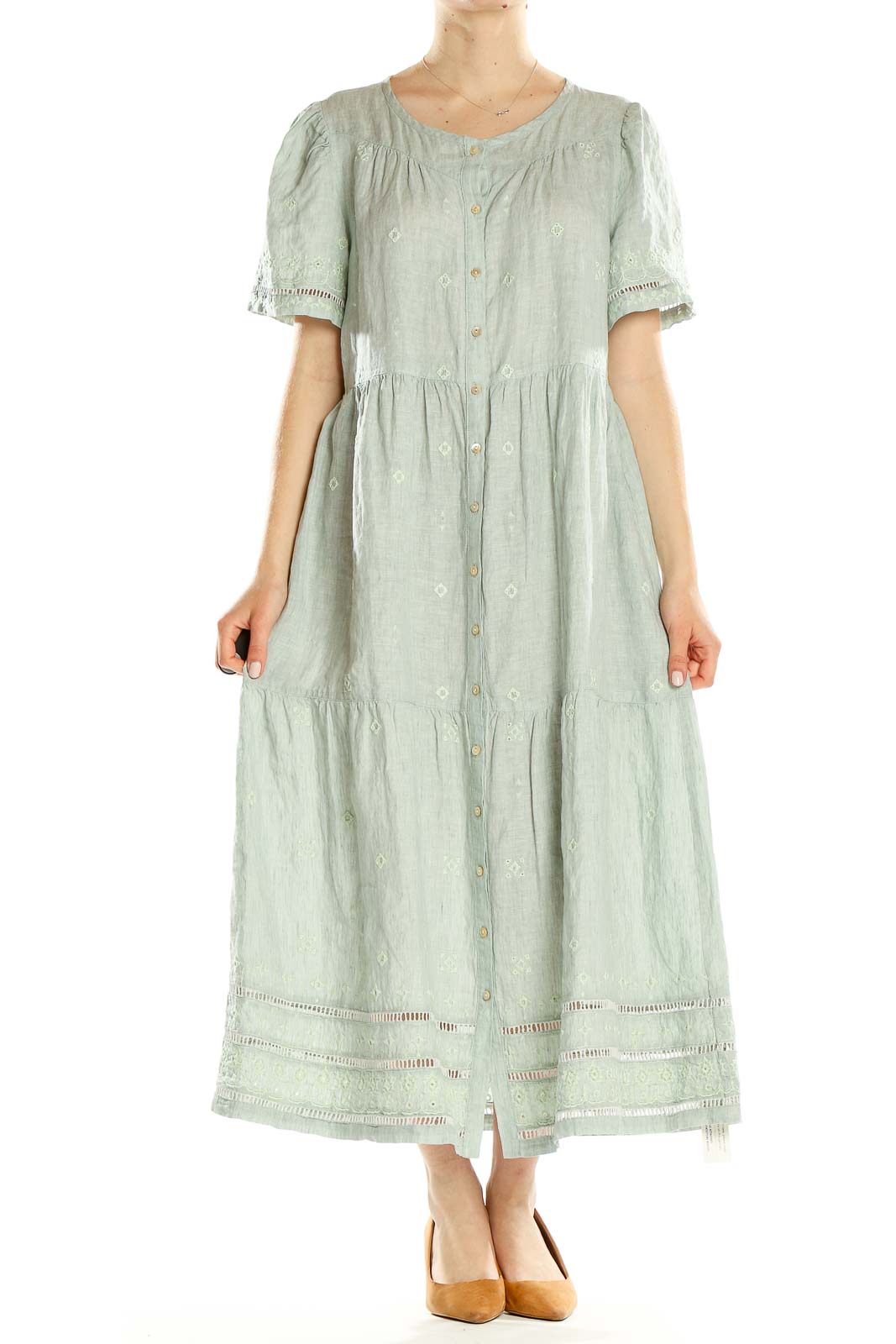 Green Embroidered Bohemian Tiered Column Dress Front