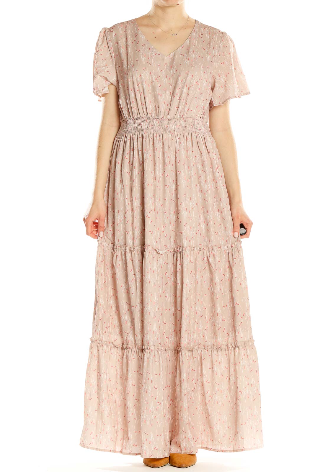 Pink Printed Bohemian Tiered Column Dress Front