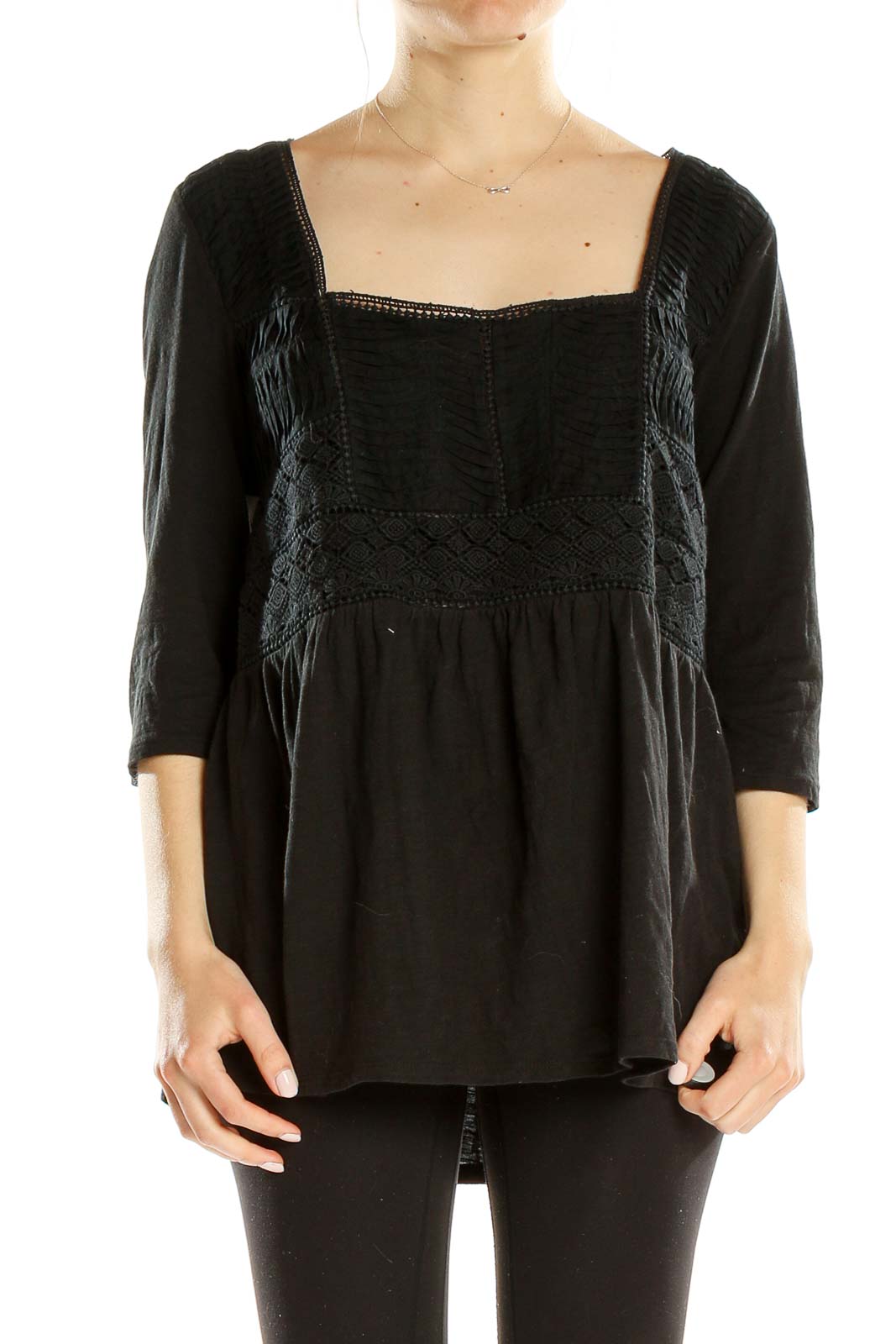 Black Embroidered Square Neck Blouse Front