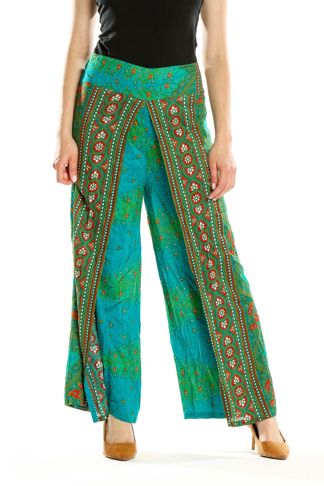 Green Printed Bohemian Pants Front