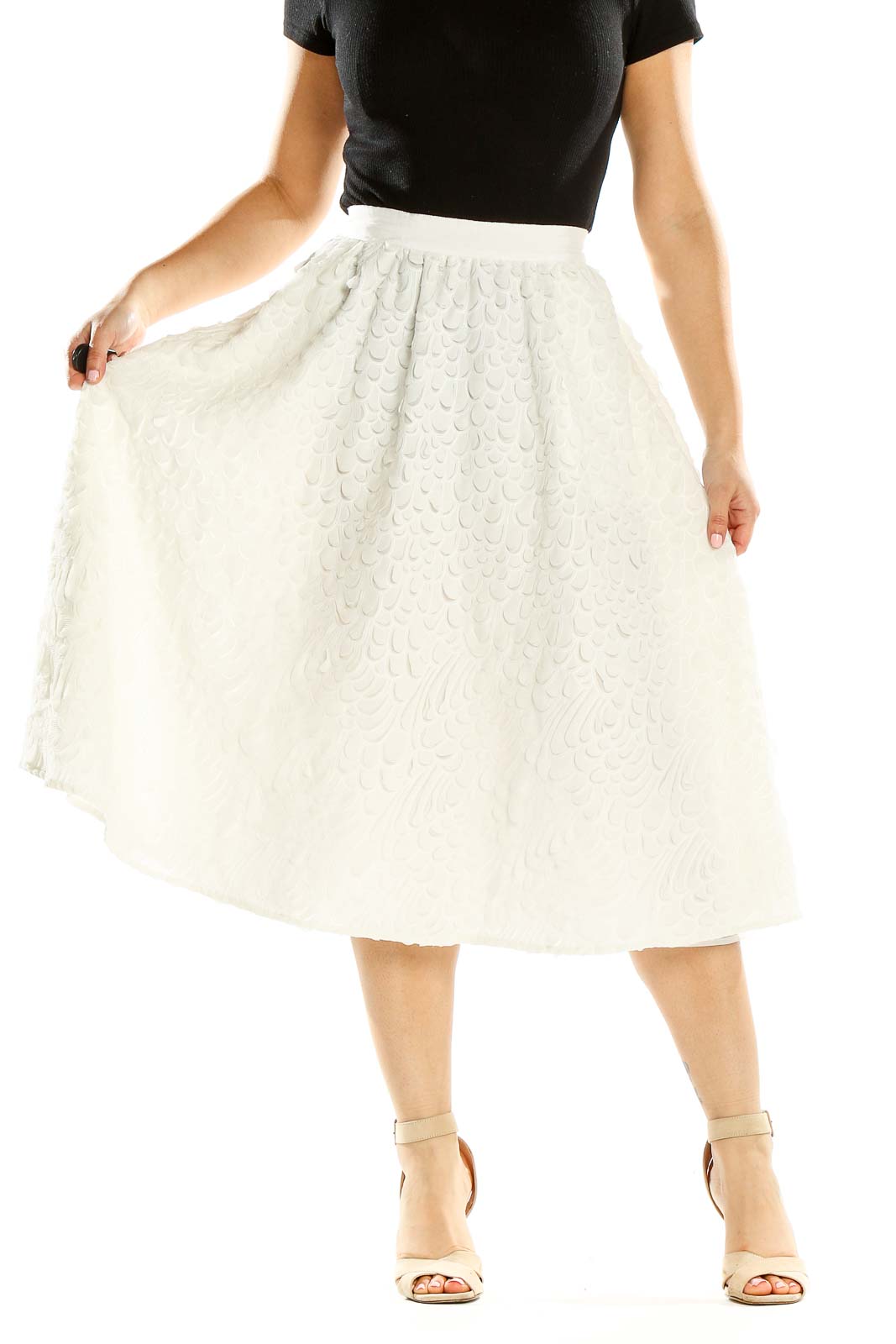 White Textured Chic Flared Skirt Front