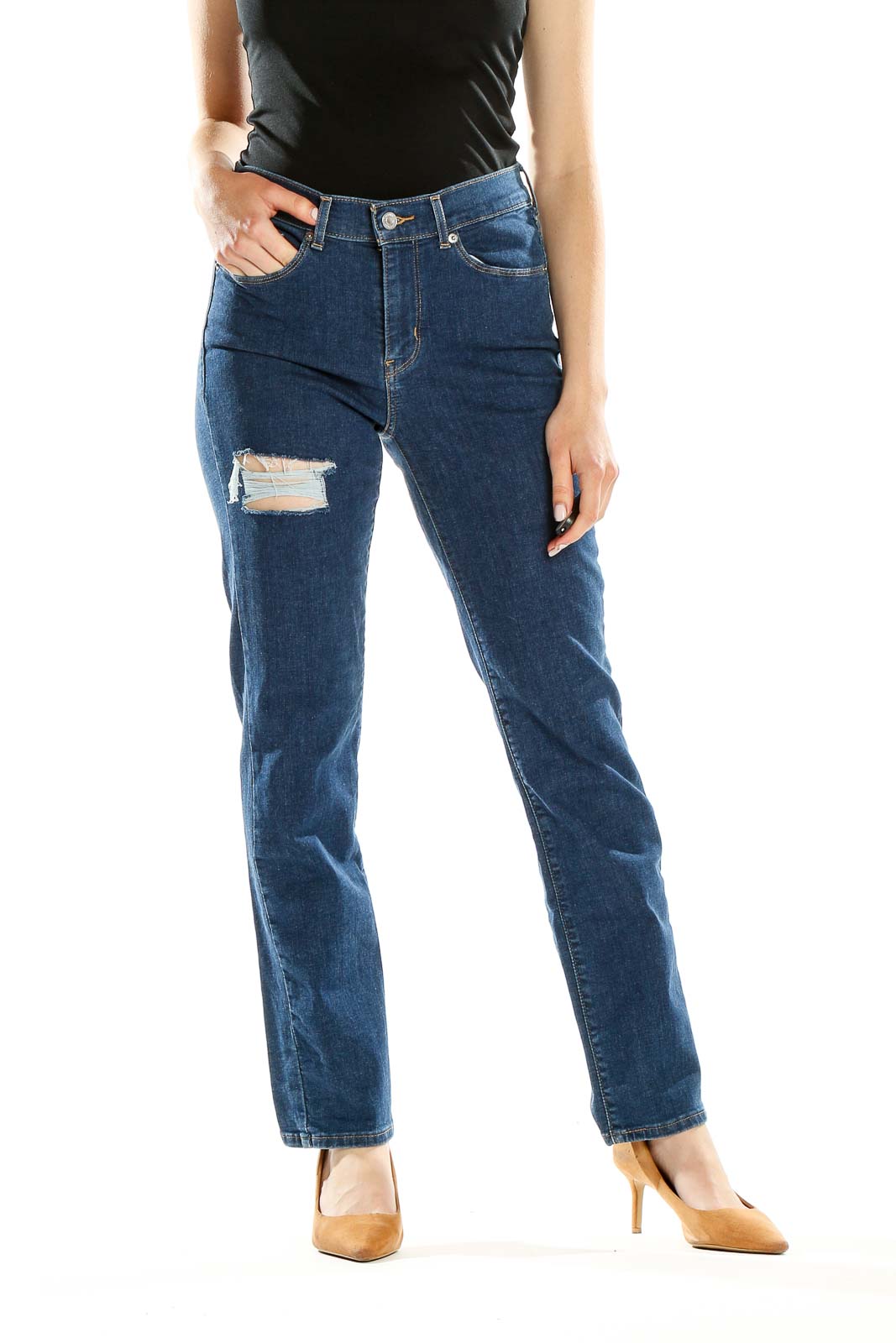 Blue Distressed Straight Leg Jeans Front