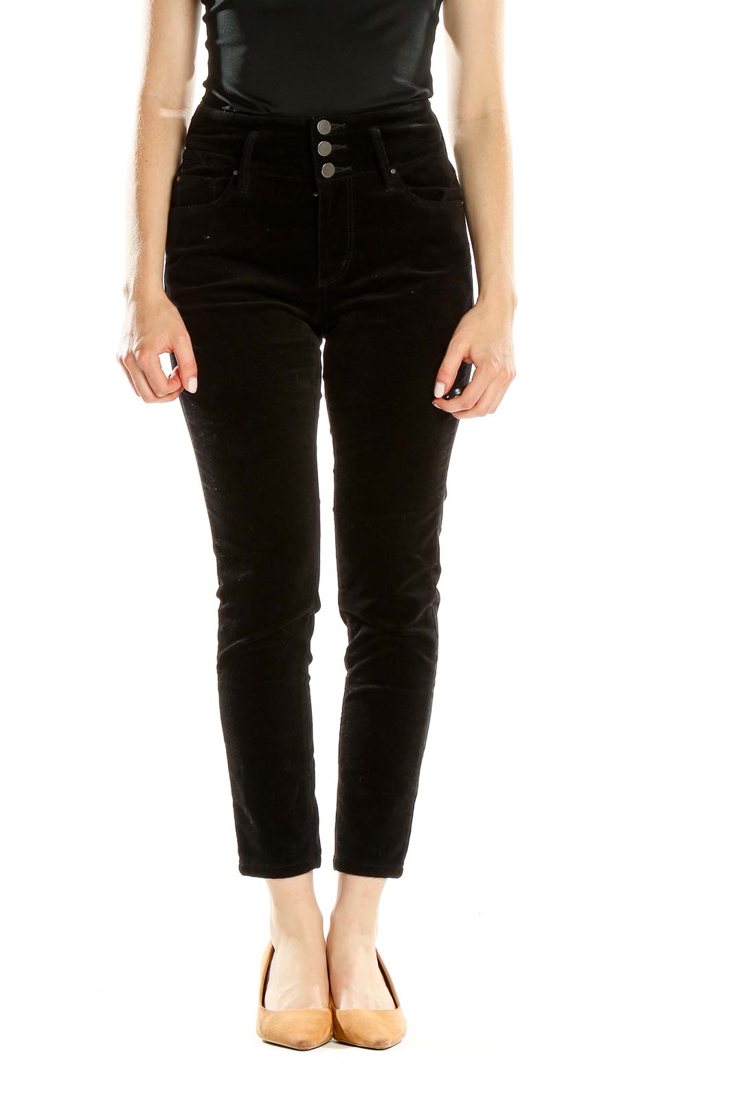 Black High Rise Cropped Velour Pants Front