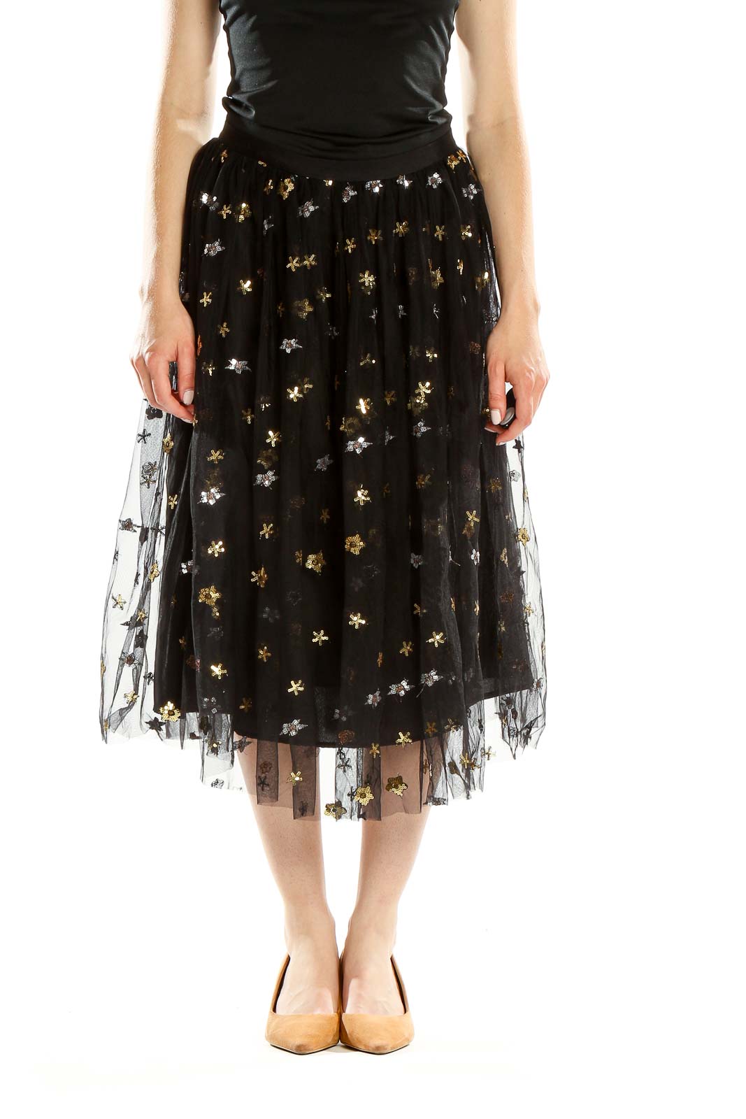 Black Printed Tulle Flared Skirt Front