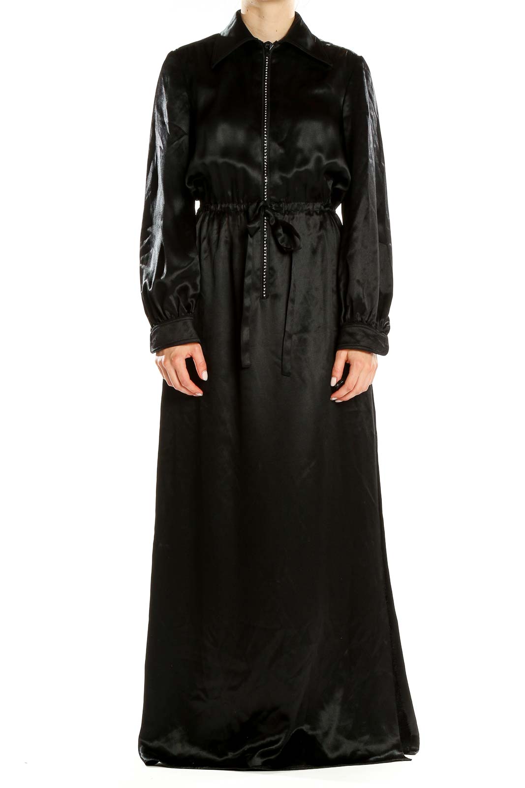 Black Vintage Long Sleeve Column Dress Front