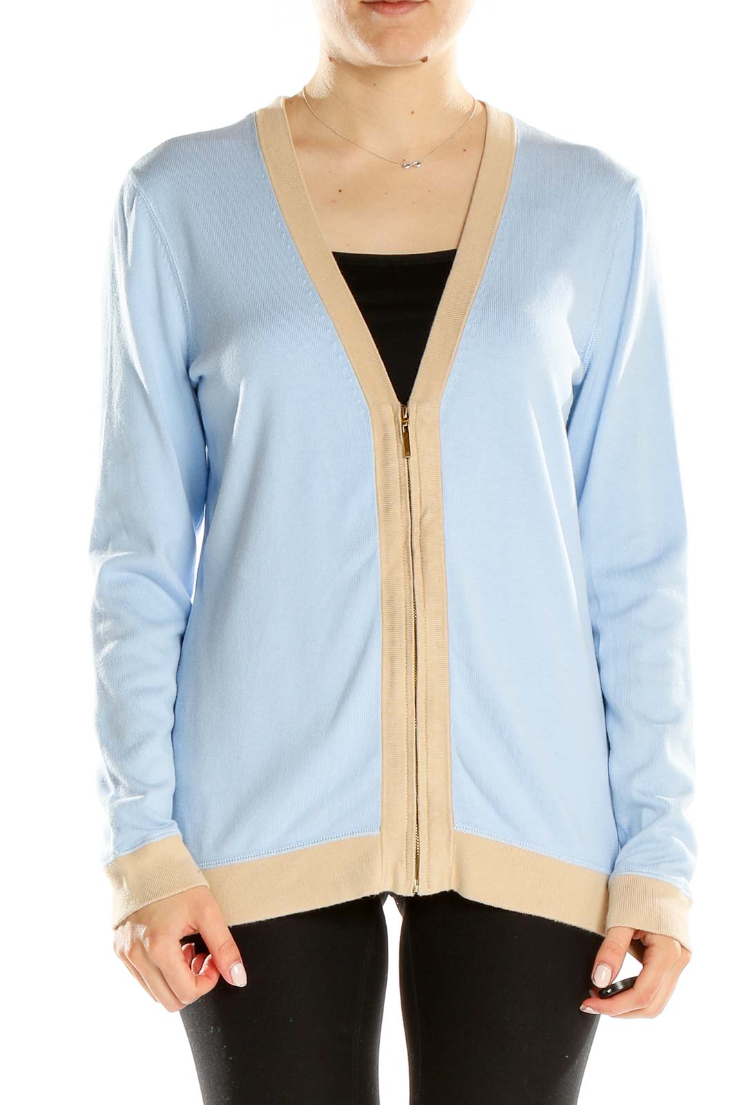Blue Woven Zip Up Cardigan Front