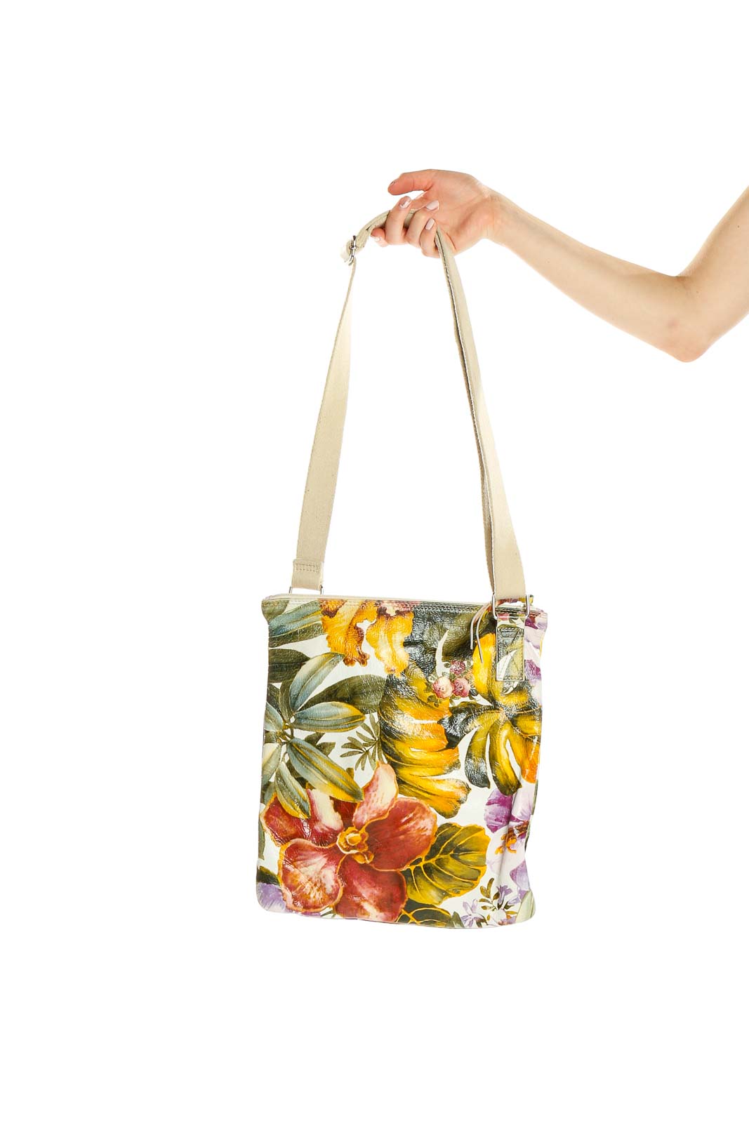 Multicolor Leather Tropical Print Tote Bag Front