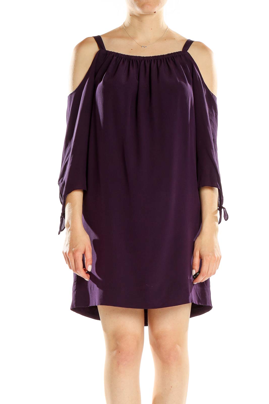 Purple Silk Cold Shoulder Shift Dress Front