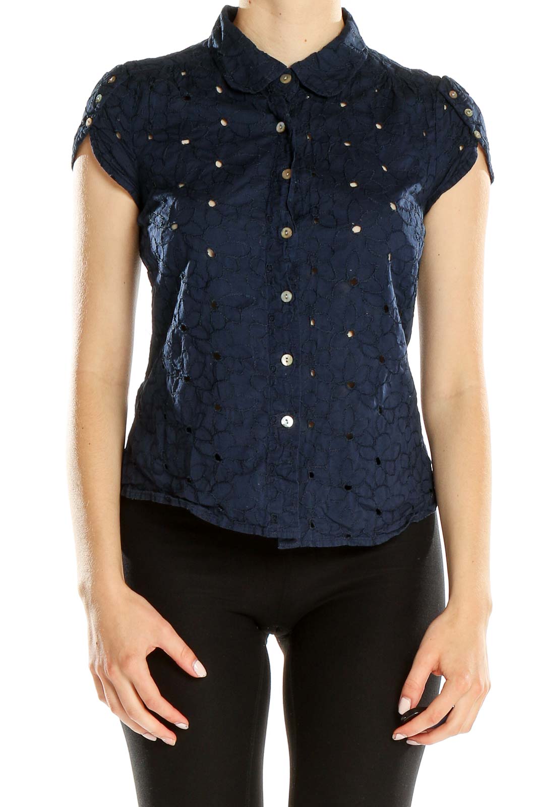 Blue Eyelet Lace Chic Top Front