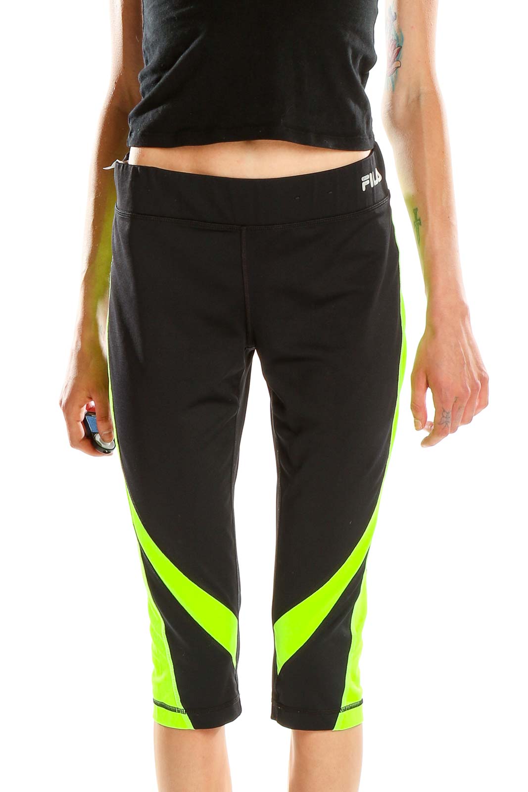 Black Green Cropped Activewear Leggings Front