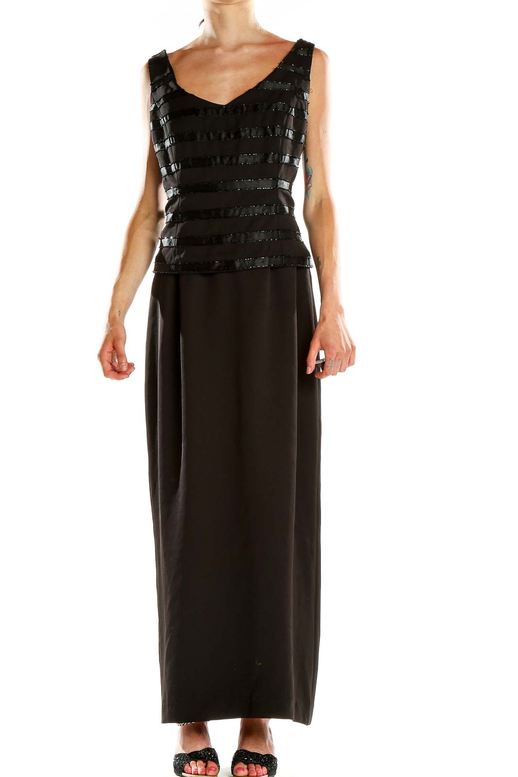 Black Beaded Vintage Column Dress Front