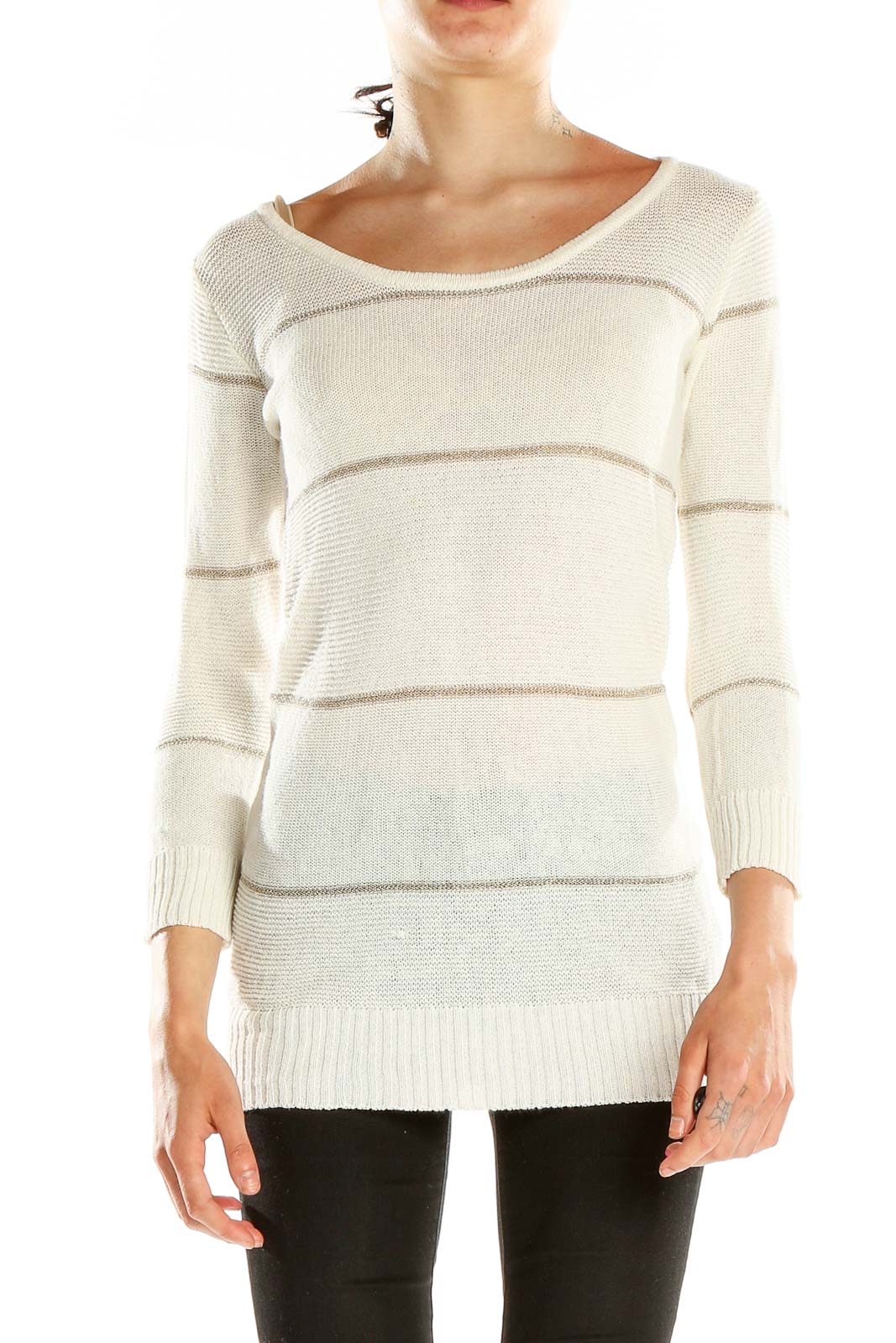 White Striped Casual Light Sweater Front