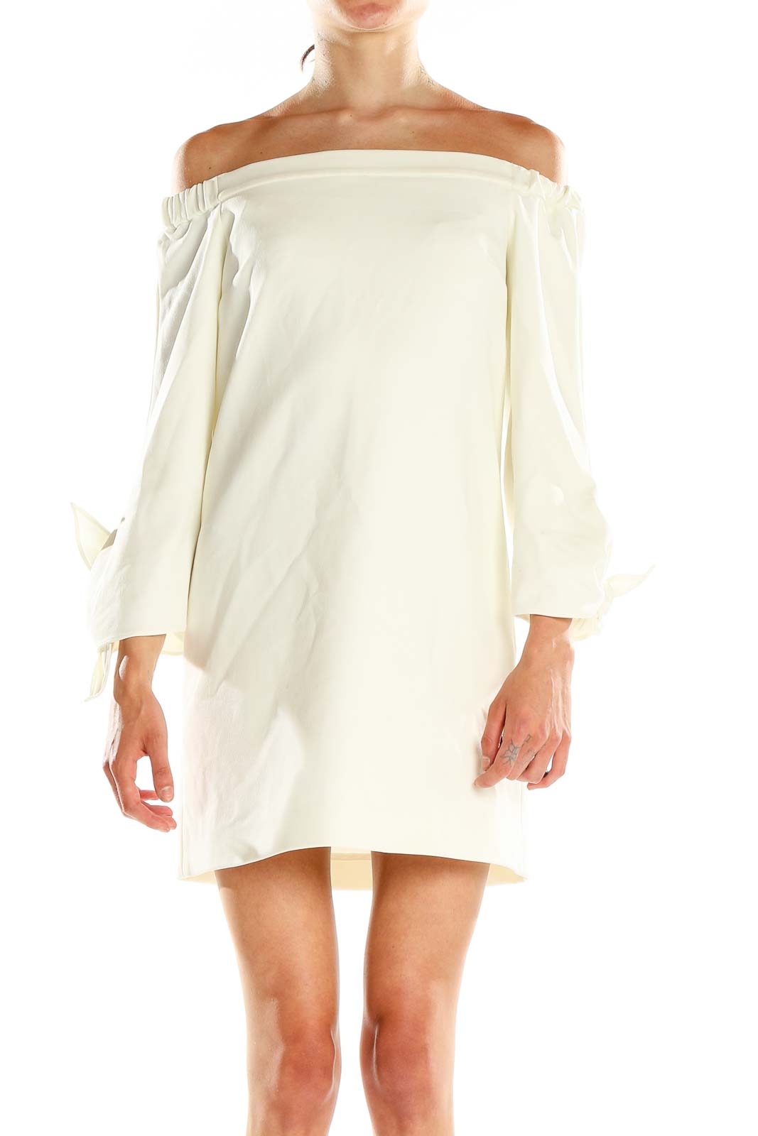 White Classic Off The Shoulder Shift Dress Front