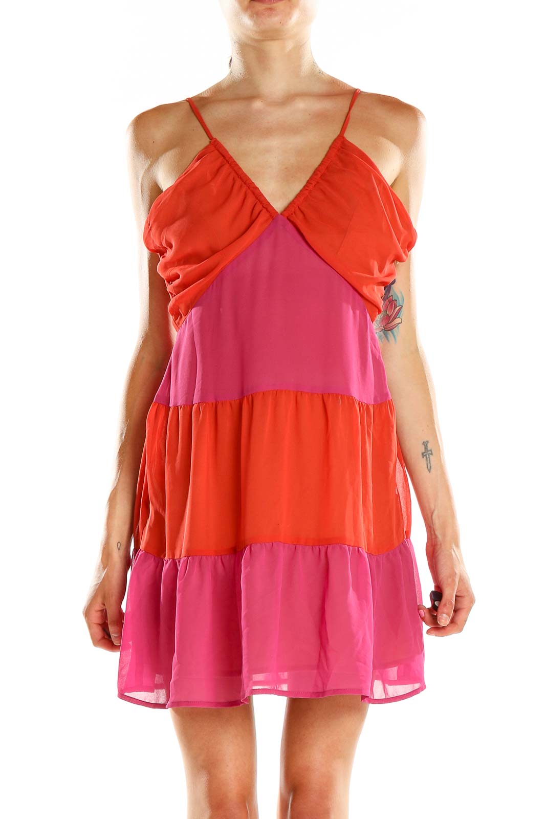 Pink Orange Colorblock Fit & Flare Day Dress Front