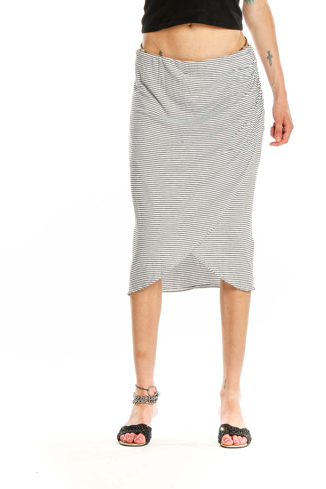 White Striped Casual Wrap Skirt Front