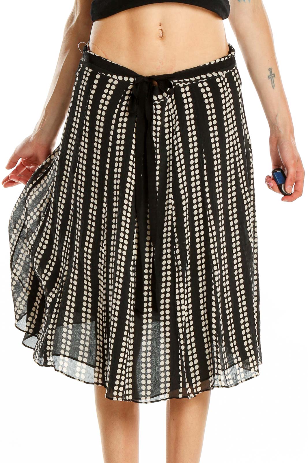 Black Printed Silk Flared Skirt Front