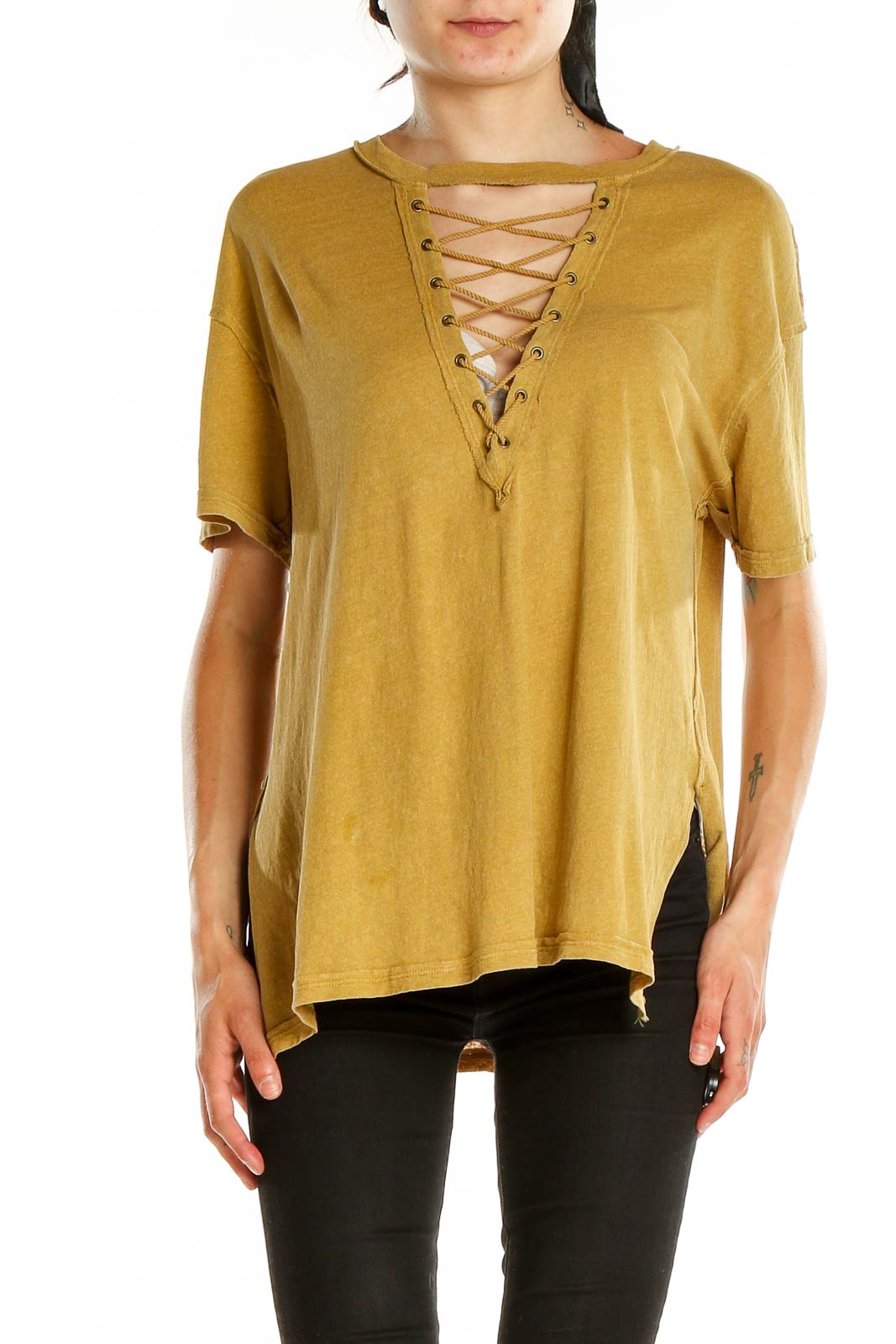 Yellow Lace Up Shirt Front