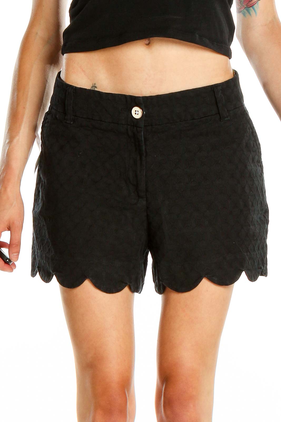 Black Textured Scallop Trim Shorts Front