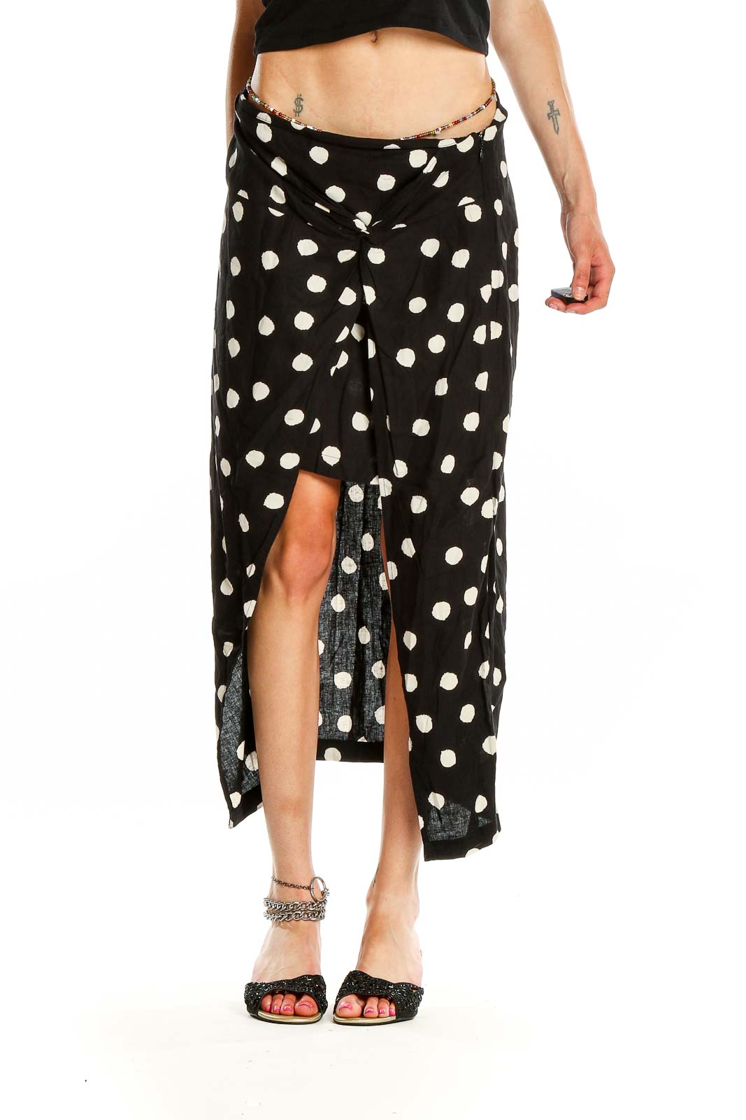 Black Polka Dot Flared Skirt Front