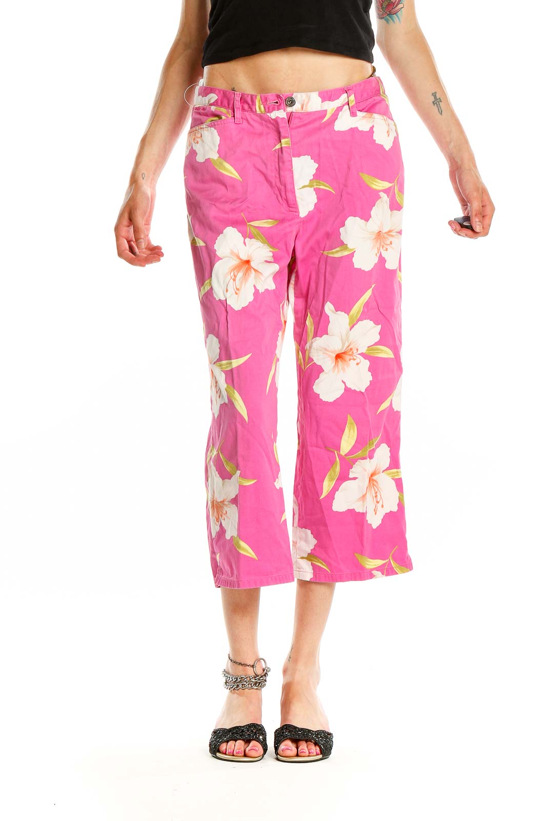 Pink Floral Print Casual Pants Front