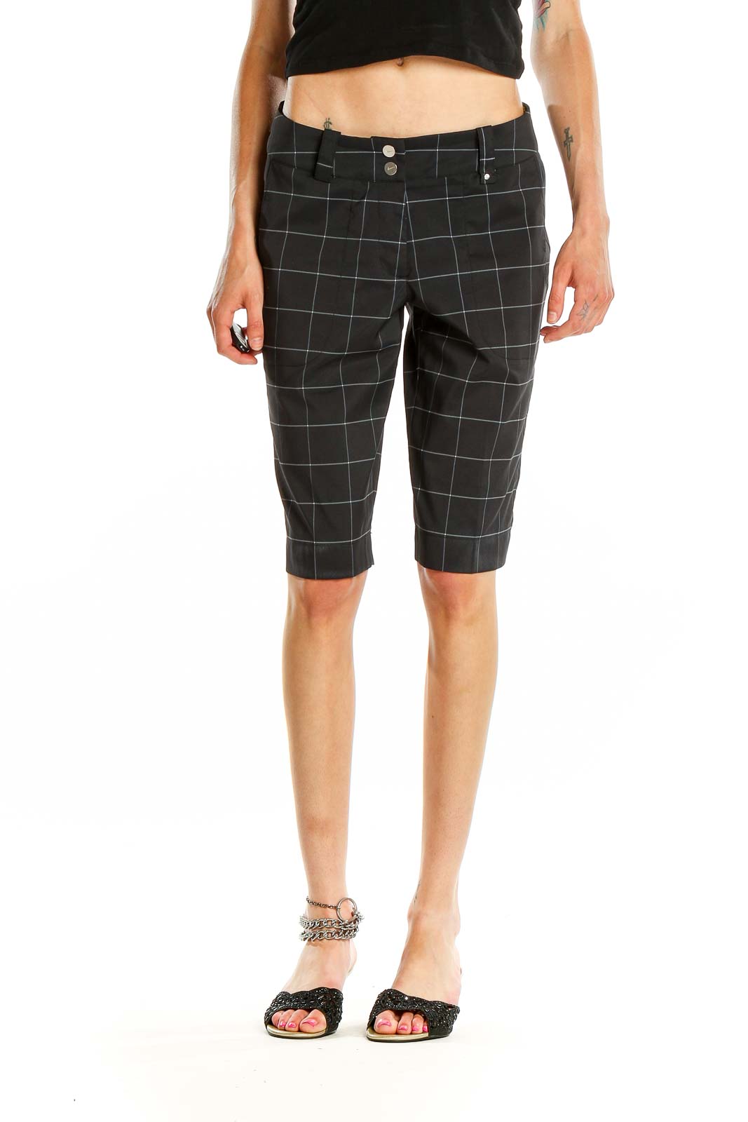 Black Checkered Activewear Shorts Front