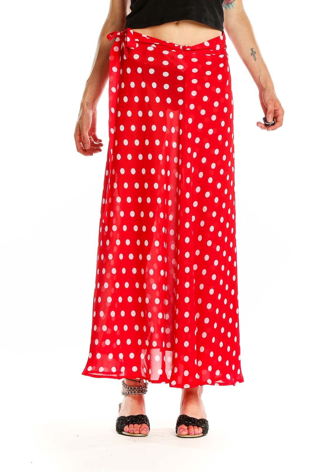 Red Polka Dot Flared Maxi Skirt Front