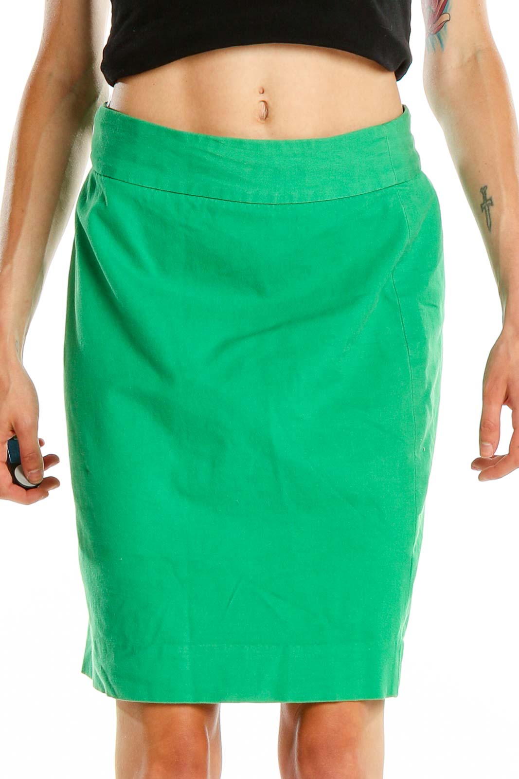 Green Solid Classic Pencil Skirt Front