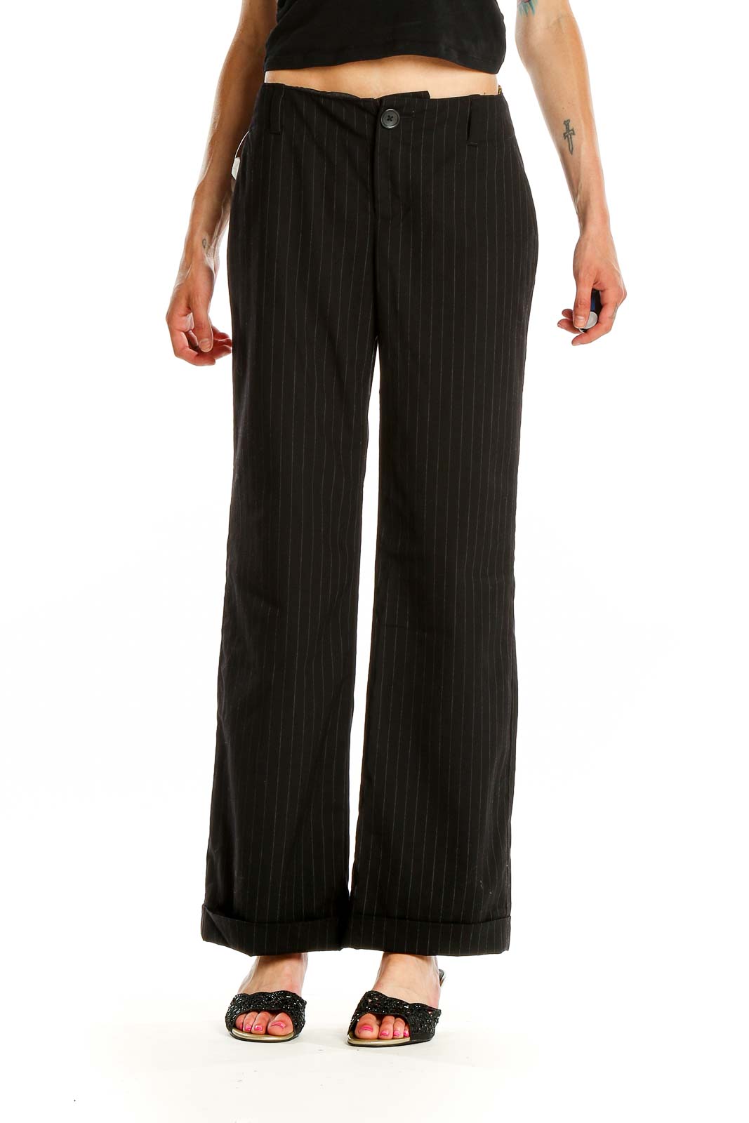 Black All Day Wear Pinstripe Trousers Front