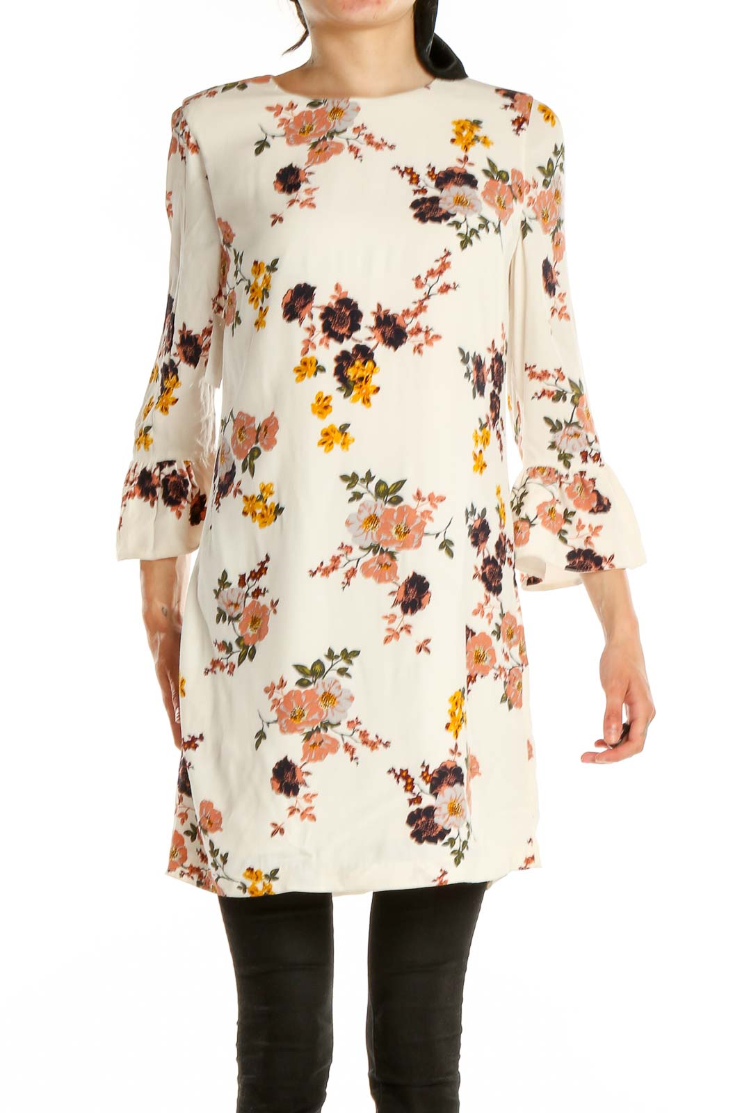 White Floral Print Shift Day Dress Front