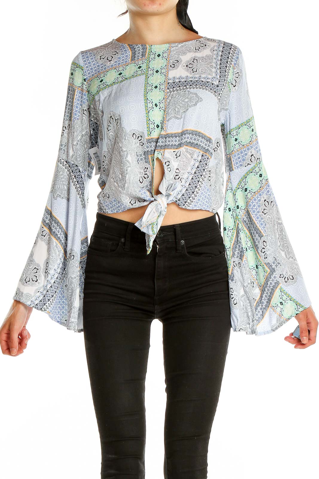 Blue Printed Bohemian Bell Sleeve Top Front