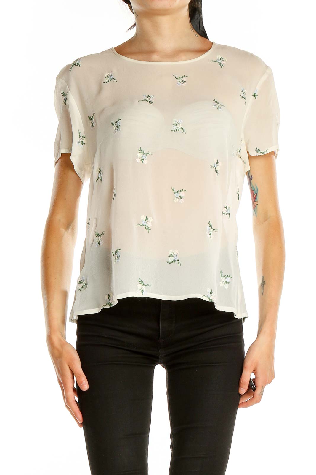 White Floral Embroidered Semi-Sheer Blouse Front