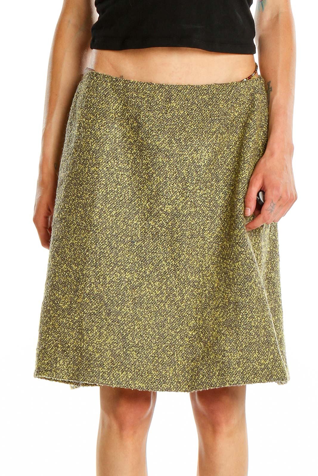 Green Textured Work A-Line Skirt Front