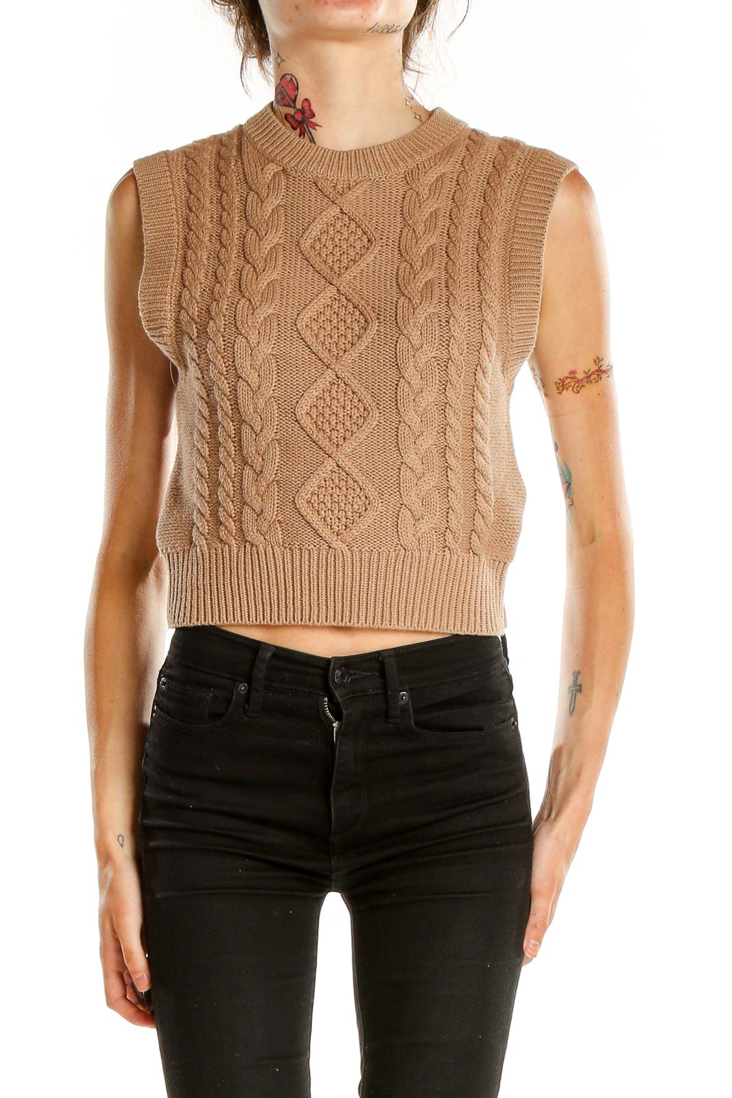 Brown Cable Knit Sweater Vest Front