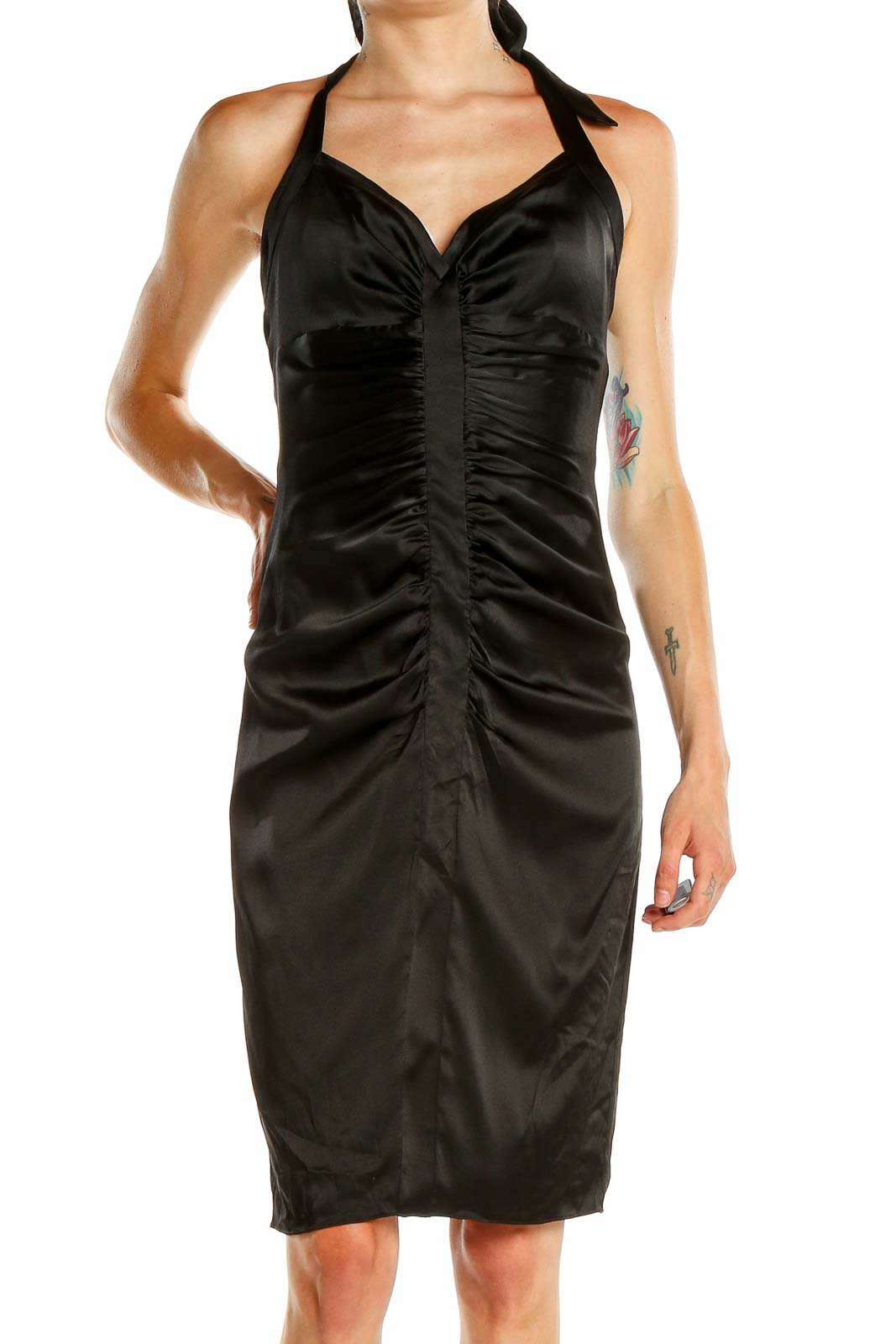 Black Halter Cocktail Sheath Dress Front