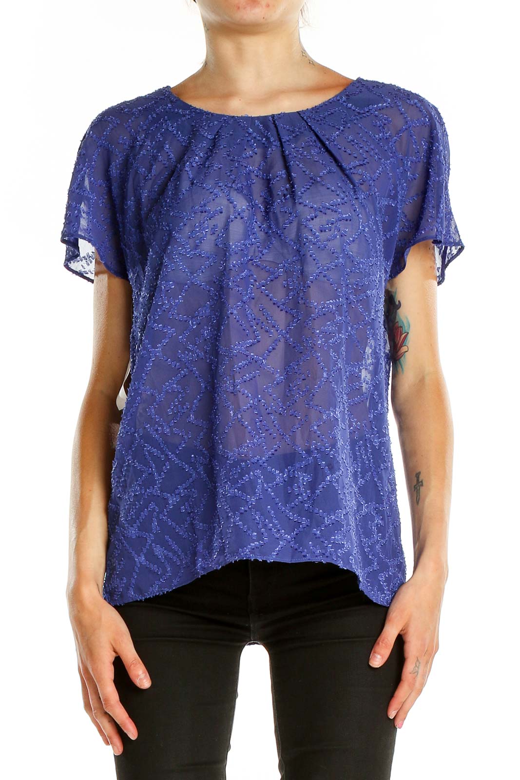 Blue Textured Semi-Sheer Blouse Front